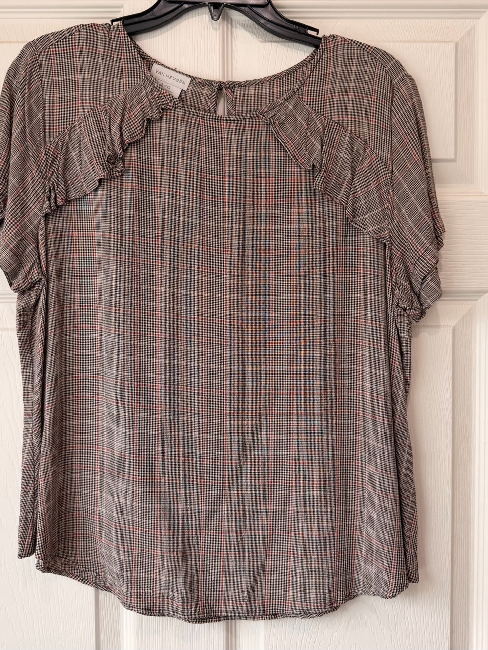 Van Heusen Plaid Ruffle Short-Sleeve Blouse in Brown and Gray